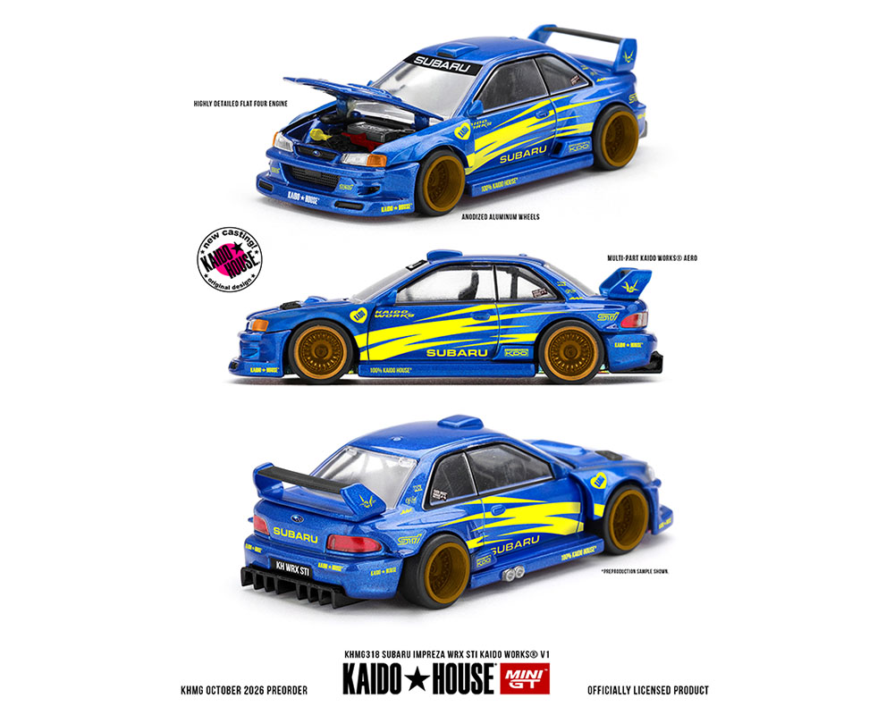 Kaido House x Mini GT 1:64 Subaru Impreza WRX STI Kaido Works V1 KHMG318 Blue Diecast Model Car with Yellow Racing Livery, Gold Wheels, Opening Hood and Detailed Flat Four Engine