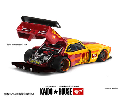 Kaido House Mini GT KHMG319 1:64 Chevrolet Camaro Kaido Racing Team V1 diecast model rear view with opening hatch, detailed engine, widebody kit and large rear wing