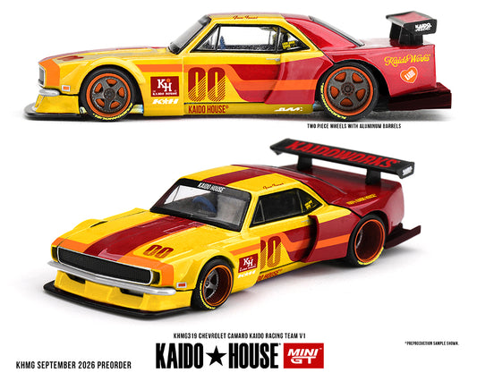 Kaido House Mini GT KHMG319 1:64 Chevrolet Camaro Kaido Racing Team V1 diecast model in yellow, orange and red racing livery with widebody kit, rear wing and two-piece wheels