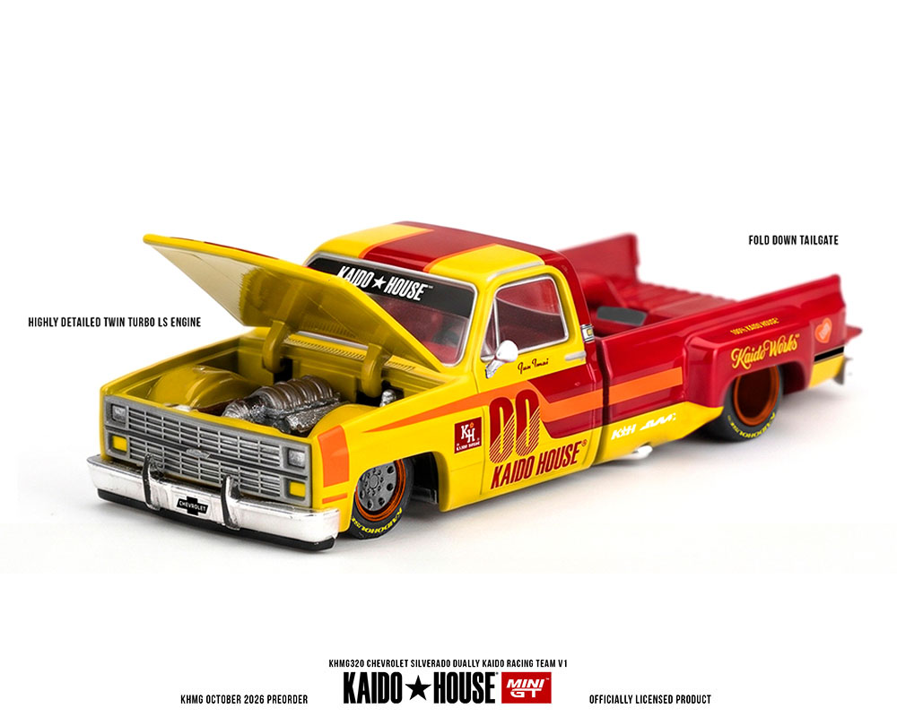 Kaido House x Mini GT 1:64 Chevrolet Silverado Dually Kaido Racing Team V1 KHMG320 Red and Yellow Diecast Pickup Truck Front Three Quarter View with Opening Hood, Detailed Twin Turbo LS Engine and Custom Wheels