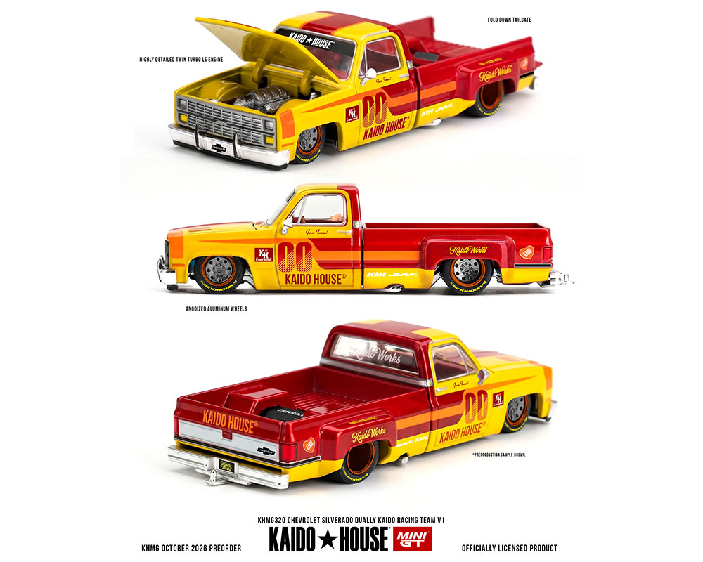 Kaido House x Mini GT 1:64 Chevrolet Silverado Dually Kaido Racing Team V1 KHMG320 Red and Yellow Diecast Model Pickup Truck with Opening Hood, Twin Turbo LS Engine, Custom Wheels and Fold-Down Tailgate