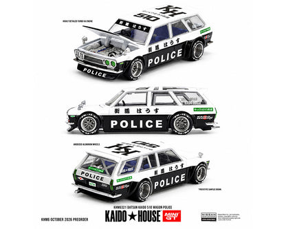 Kaido House x Mini GT 1:64 Datsun Kaido 510 Wagon Police KHMG321 Black and White Diecast Model Car with Opening Hood, Turbo KA Engine and Custom Wheels