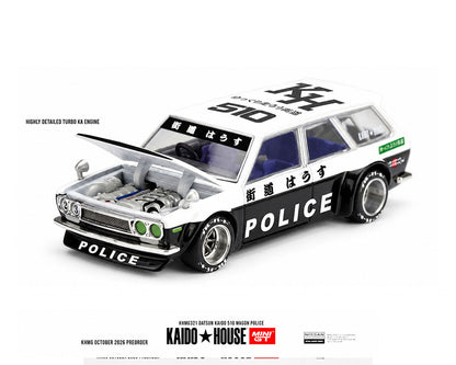 Kaido House x Mini GT 1:64 Datsun Kaido 510 Wagon Police KHMG321 Black and White Diecast Model Car Front Three Quarter View with Opening Hood, Detailed Turbo KA Engine and Custom Wheels
 Copy Alt Text