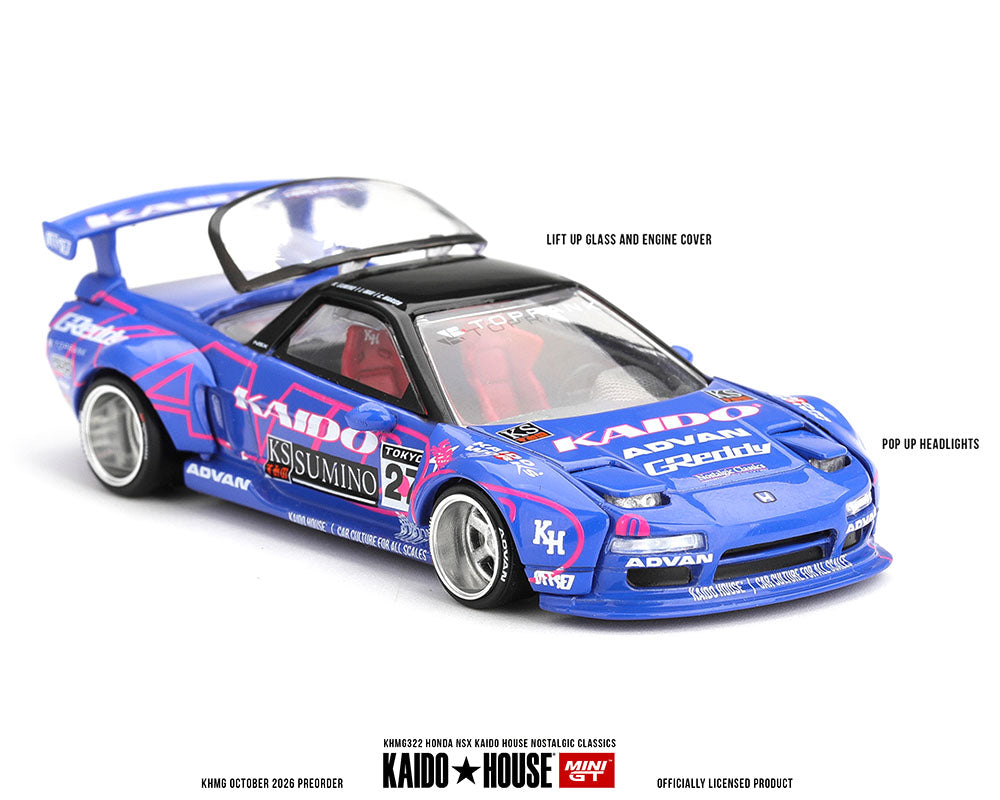 Kaido House x Mini GT 1:64 Honda NSX Kaido House Nostalgic Classics KHMG322 Blue ADVAN Racing Livery Diecast Model Car with Opening Engine Cover, Pop-Up Headlights and Rear Wing