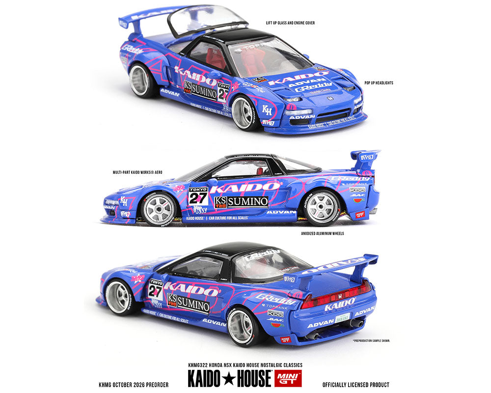 Kaido House x Mini GT 1:64 Honda NSX Kaido House Nostalgic Classics KHMG322 Blue ADVAN Racing Livery Diecast Model Car with Front, Side and Rear Views, Widebody Kit, Silver Wheels and Rear Wing