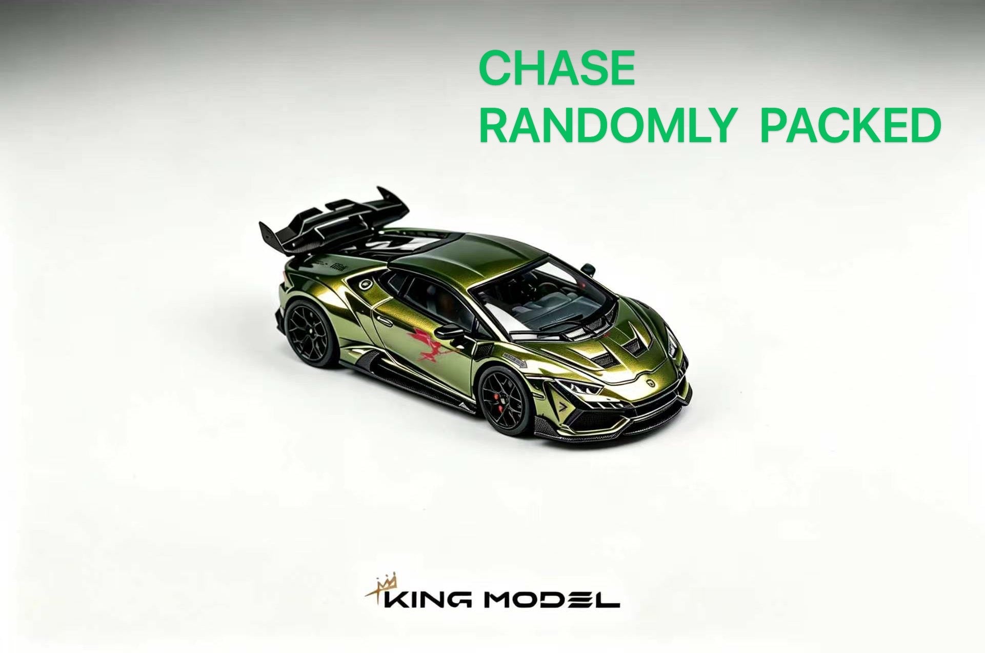 A metallic olive green and black die-cast model sports car, shown from a three-quarters angle on a light gray background. Green text at the top reads 'CHASE RANDOMLY PACKED' and the 'KING MODEL' logo is visible at the bottom.
