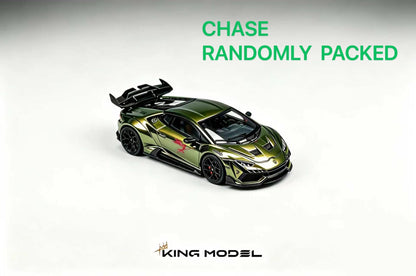 A metallic olive green and black die-cast model sports car, shown from a three-quarters angle on a light gray background. Green text at the top reads 'CHASE RANDOMLY PACKED' and the 'KING MODEL' logo is visible at the bottom.