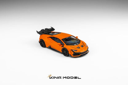An orange and black scale model of a Lamborghini sports car, shown from a three-quarters front angle on a white studio background with the King Model logo at the bottom.