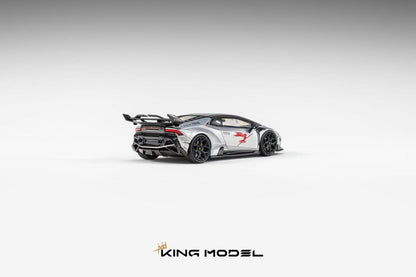 A scale model of a silver and black Lamborghini Huracan with red racing decals, shown from a rear three-quarter angle on a light gray gradient background with the brand name 'KING MODEL' at the bottom.