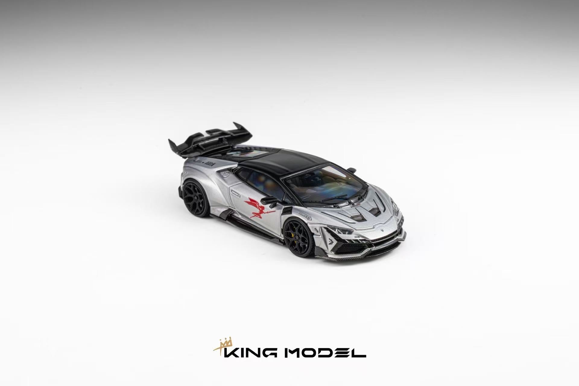 A silver and black scale model of a sports car with red graphic decals, shown from a three-quarters angle on a light gray gradient background with the KING MODEL logo at the bottom.