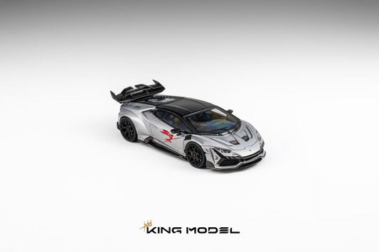 A silver and black scale model of a sports car with red graphic decals, shown from a three-quarters angle on a light gray gradient background with the KING MODEL logo at the bottom.