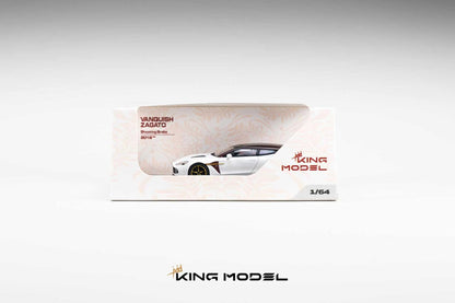 A 1/64 scale model car of the Vanquish Zagato by King Model, shown inside its original white and beige window box packaging against a clean white background.