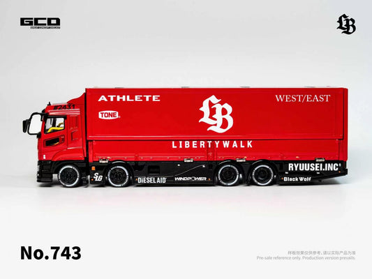 Red and black Liberty walk Mitsubishi Fuso Super Great truck with various branding on a white background
