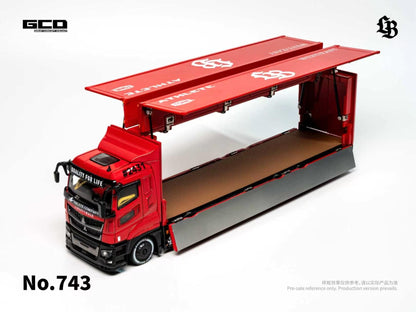 Red and black Liberty walk Mitsubishi Fuso Super Great truck with open cargo area on a white background