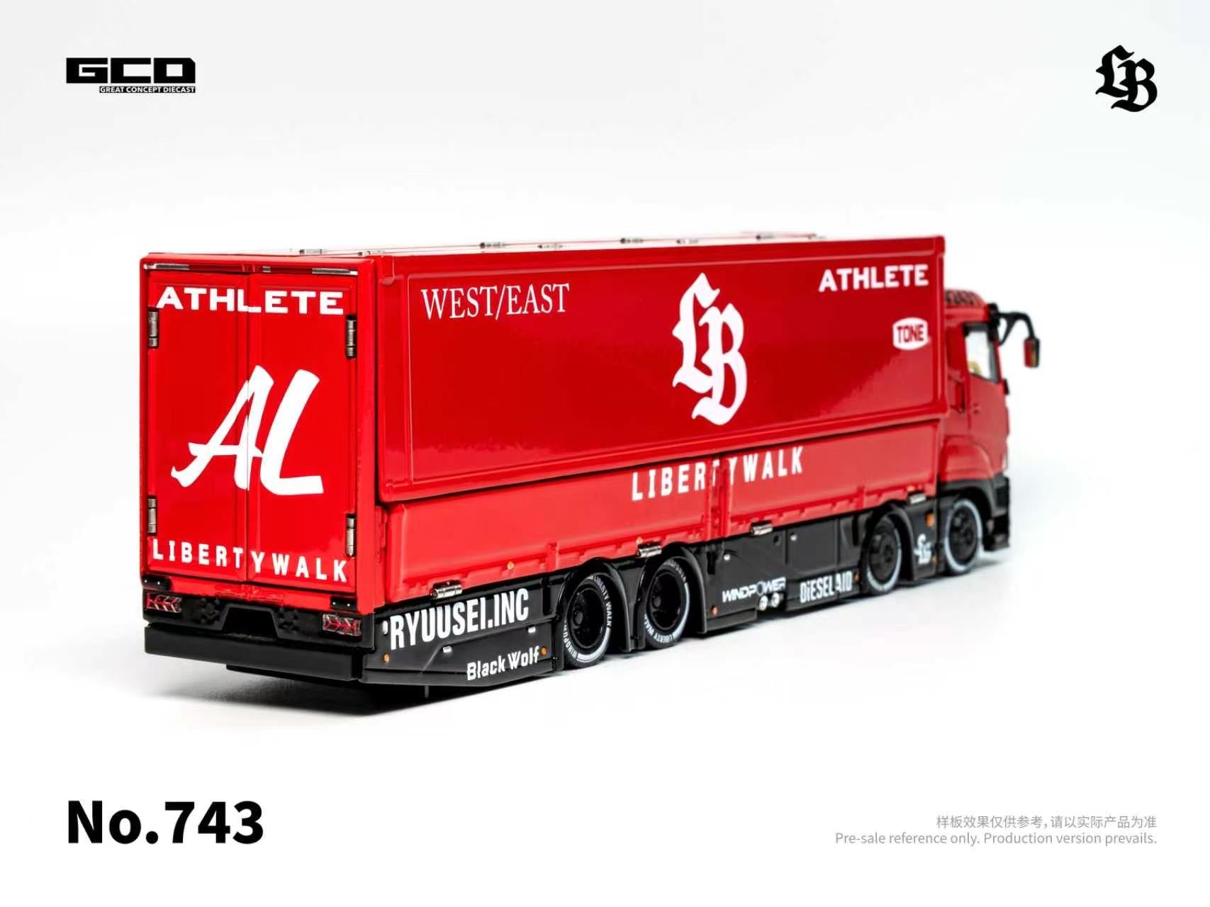 Red and black Liberty walk Mitsubishi Fuso Super Great truck with branding on a white background
