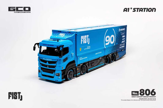 GCD No.806 Blue FIST 90 Racing Team Transport Truck Diecast Model with Enclosed Cargo Box, Ferrari Racing Livery, Front Side View
