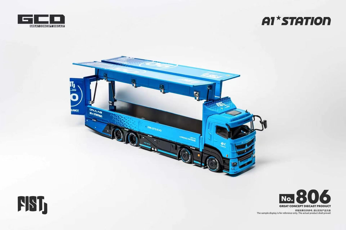GCD 1:64 LBWK Mitsubishi Fuso Super Great FIST Team Blue Diecast Transport Truck KS-073-806 with Openable Side Panels and Display Compartment
