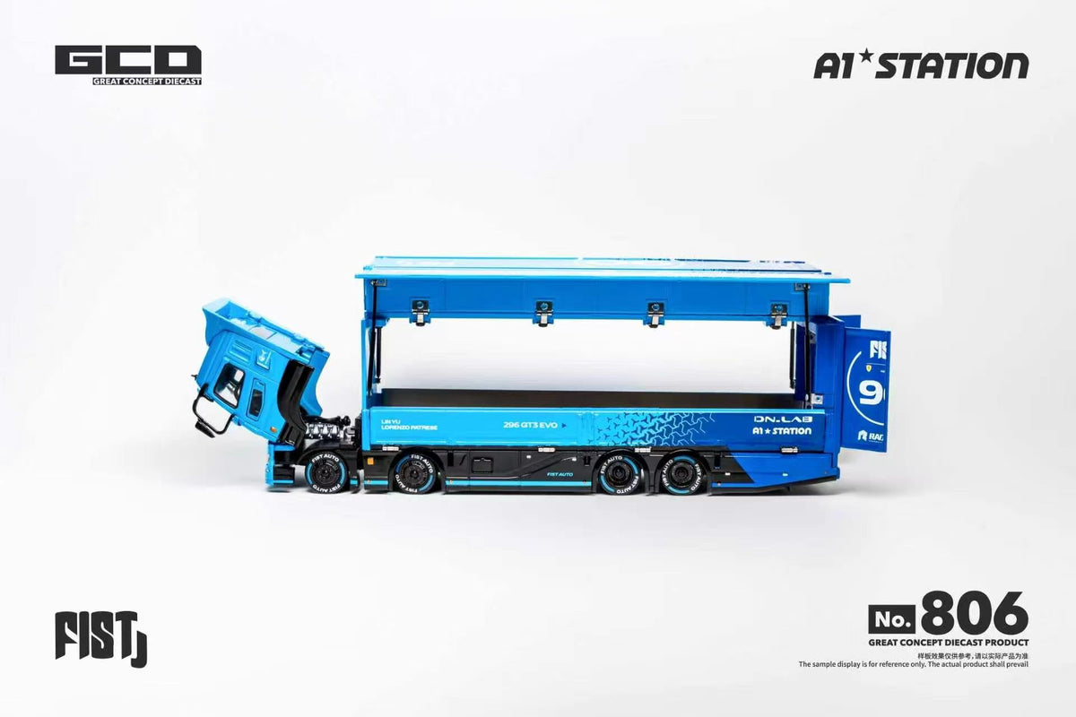 GCD No.806 Blue FIST 90 Racing Team Transport Truck Diecast Model with Tilting Cab, Open Side Panels and Rear Door, Side View