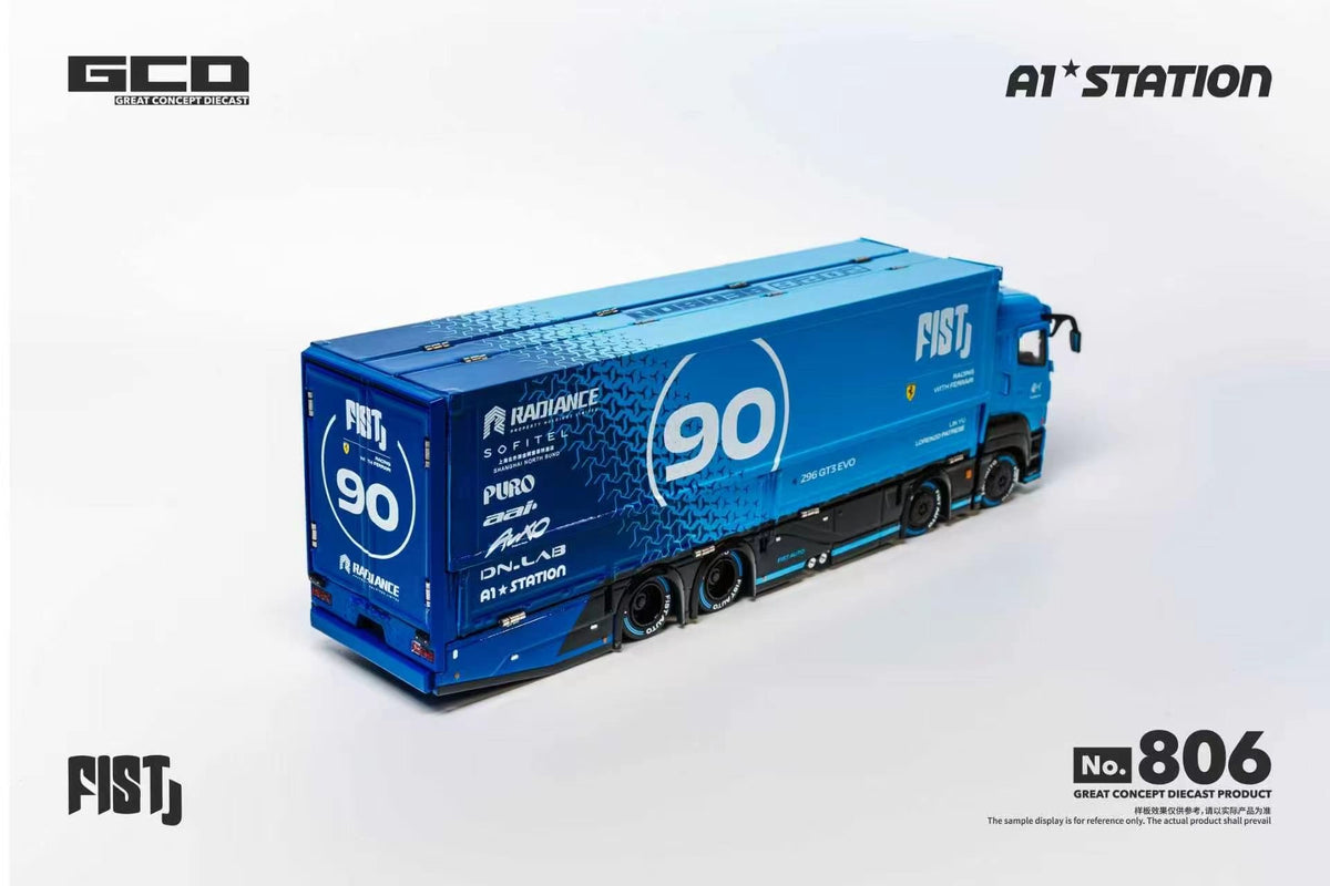 GCD No.806 Blue FIST 90 Racing Team Transport Truck Diecast Model, Rear Three-Quarter View with Enclosed Cargo Box and Racing Livery