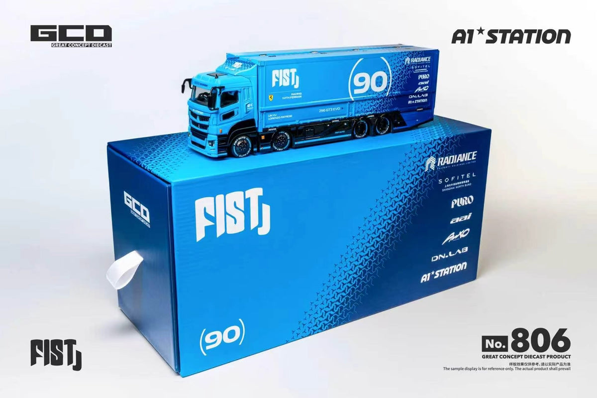 GCD No.806 Blue FIST 90 Racing Team Transport Truck Diecast Model with Original Blue Collector Packaging Box, Front Side Display