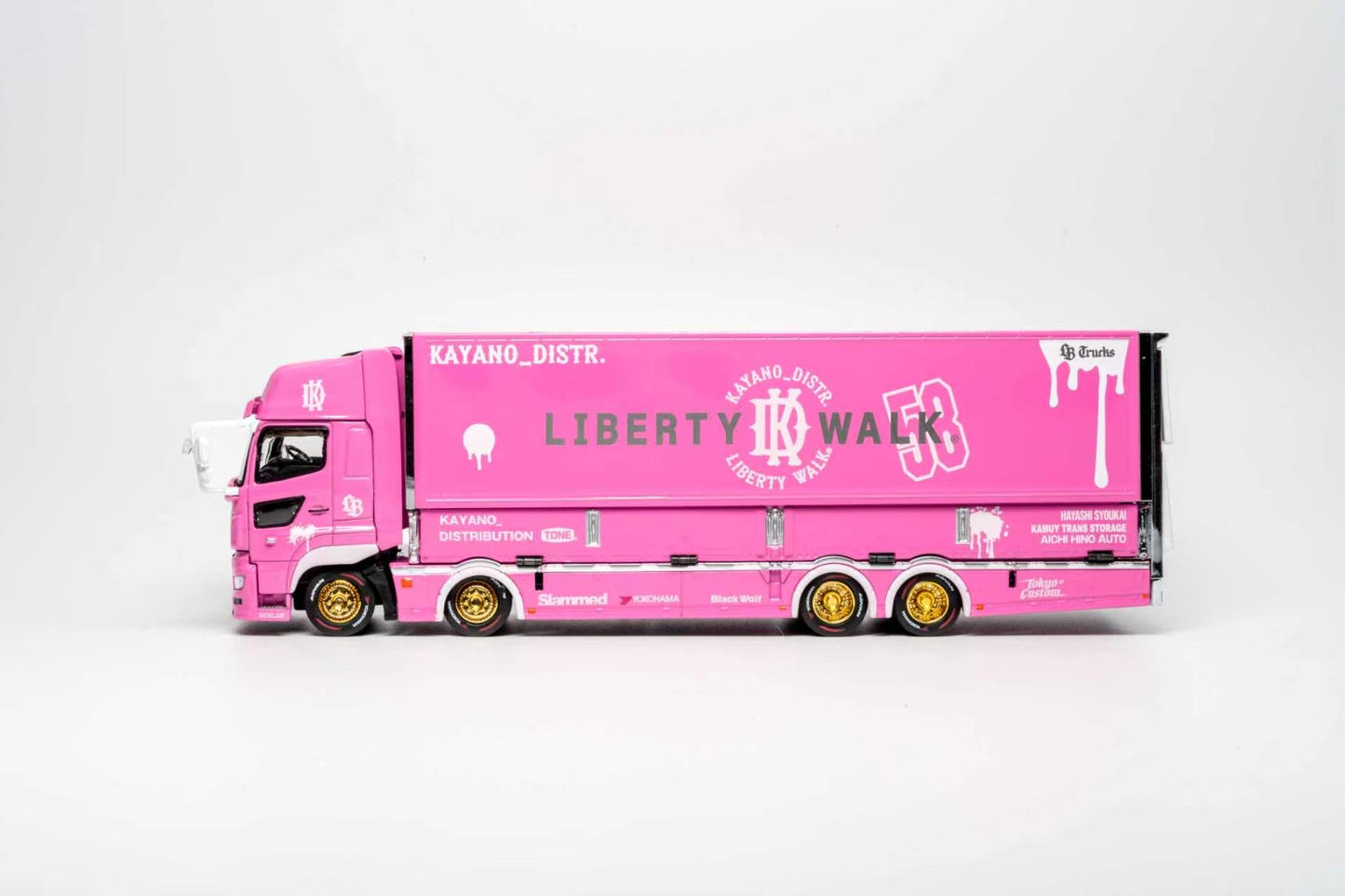 A pink diecast model of a semi-truck with a matching pink cargo box, featuring 'LIBERTY WALK 53' and 'KATANO_DISTR.' branding, set against a plain light gray background.