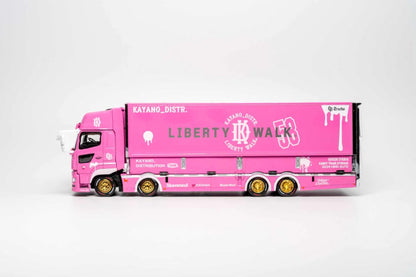 A pink diecast model of a semi-truck with a matching pink cargo box, featuring 'LIBERTY WALK 53' and 'KATANO_DISTR.' branding, set against a plain light gray background.