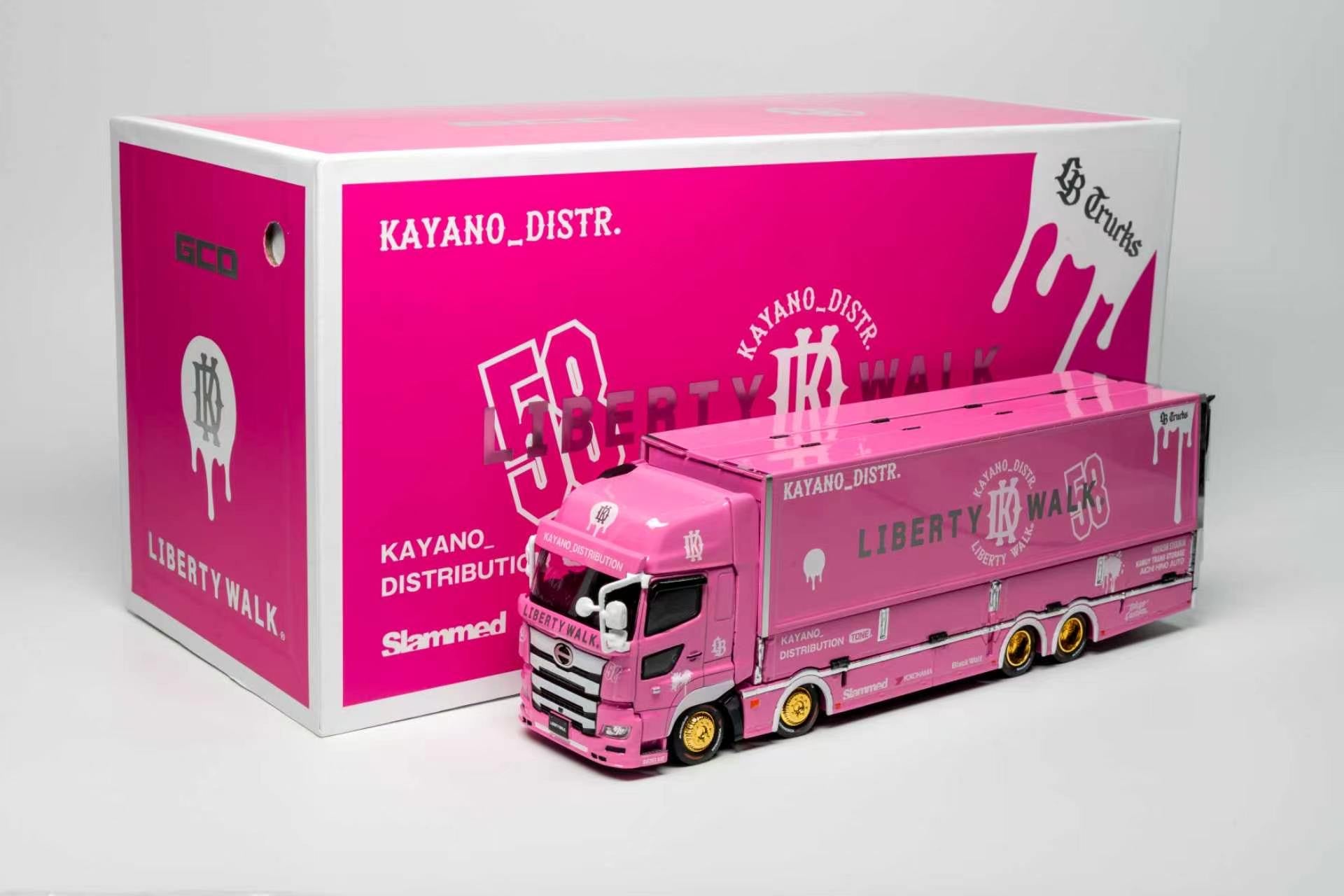 Pink model truck with branding in a pink box on a gray background
