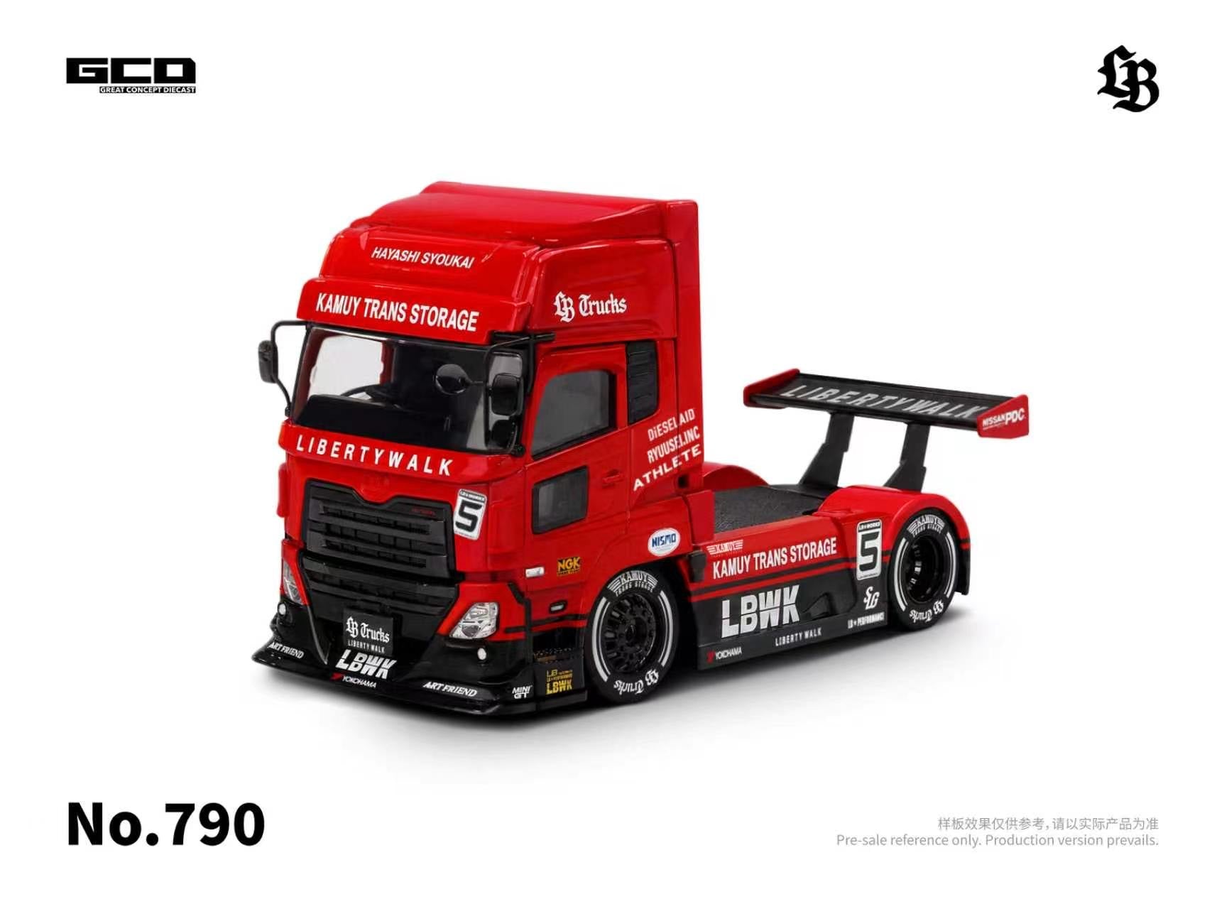 Red and black model UD truck with branding GCD x LB on a white background