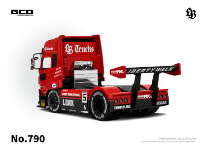Red and black UD truck with branding on a white background