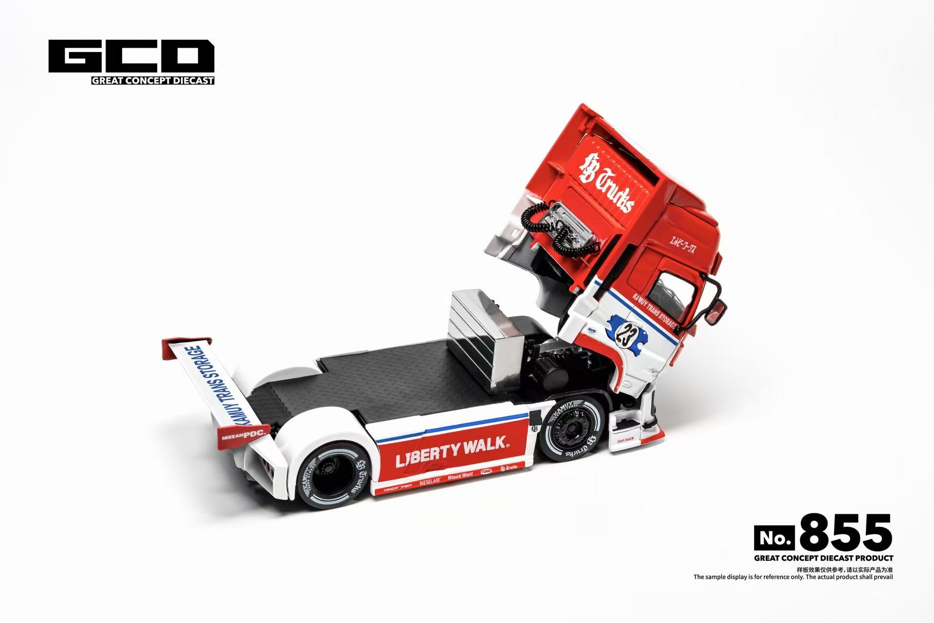 A 1:64 scale model of a red and white semi-truck cab with a flatbed, shown on a clean white background. The model features 'Liberty Walk' and 'Trucks' branding, with the GCD (Georgetown Model Cars) logo in the top-left corner and the model number 'No.