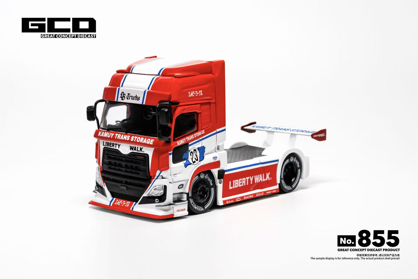 A 1:64 scale diecast model of a red, white, and blue Liberty Walk semi truck by GCD, shown on a clean white background with product branding overlays.