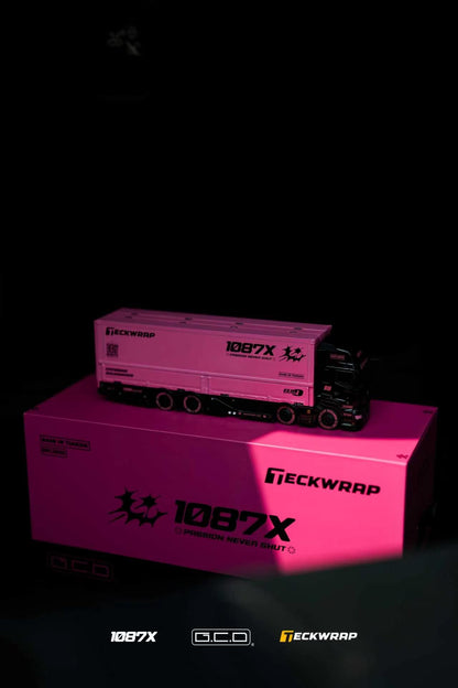 A pink and black miniature model semi-truck cargo container with a cab, displayed on top of a matching pink product box. The box features the brand name 'ECKWRAP' and model number '1087X'.