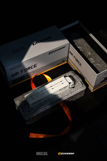 Detailed view of a model truck labeled 'Air Force' in its packaging, showcasing the Teckwrap brand with a sleek design.