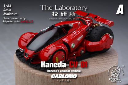 A 1/64 scale resin miniature of the Kaneda-CV-01 combat vehicle from 'Carlomo', displayed on a wooden pedestal. The model features a glossy red body with black wheels, cockpit, and accents, and is shown against a dark gray studio background with text overlays and branding.