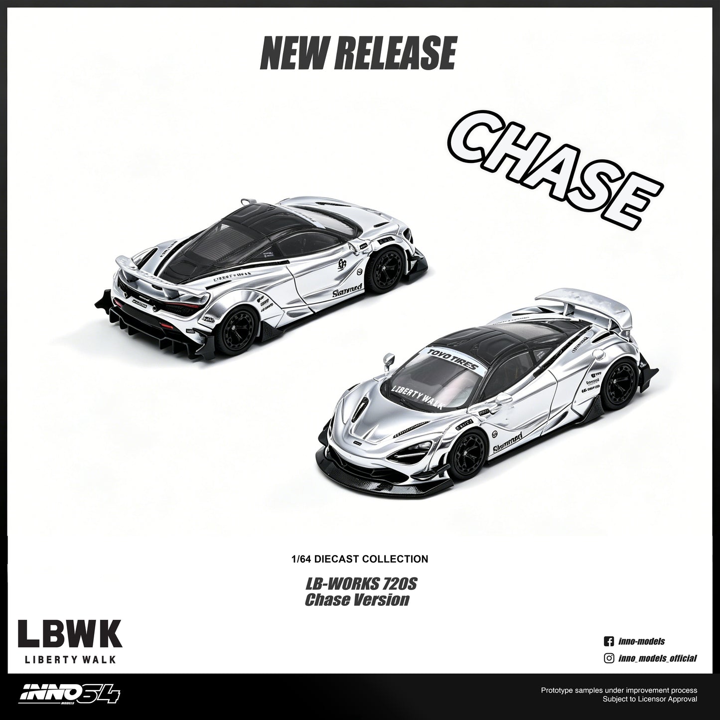 Promotional product graphic for the LBK Liberty Walk 1/64 scale diecast model LB-Works 720S Chase Version. The image features two views of a silver McLaren-style sports car with a black roof and decals, set against a white background with text overlays 'NEW RELEASE', 'CHASE', and product details.