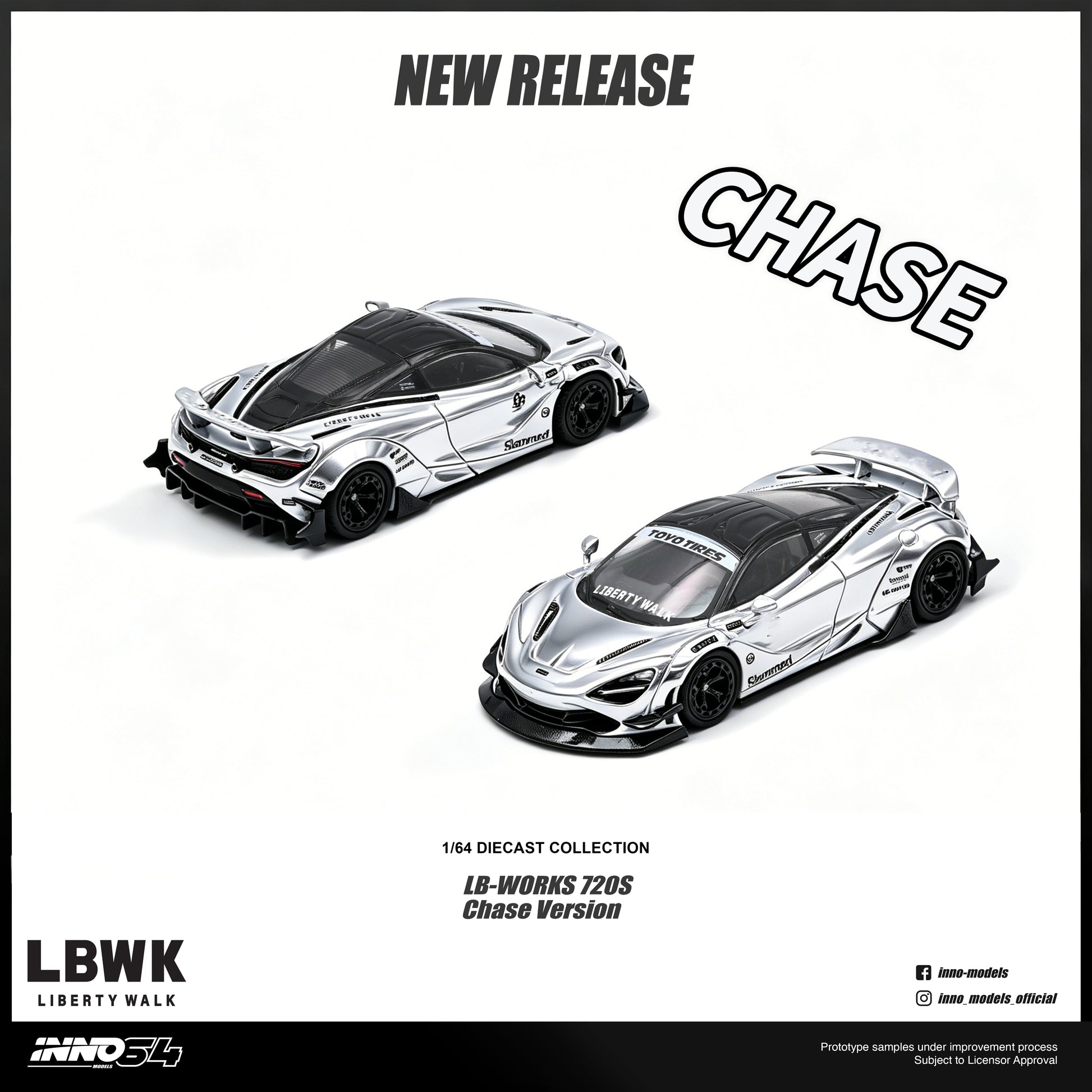 Promotional product graphic for the LBK Liberty Walk 1/64 scale diecast model LB-Works 720S Chase Version. The image features two views of a silver McLaren-style sports car with a black roof and decals, set against a white background with text overlays 'NEW RELEASE', 'CHASE', and product details.