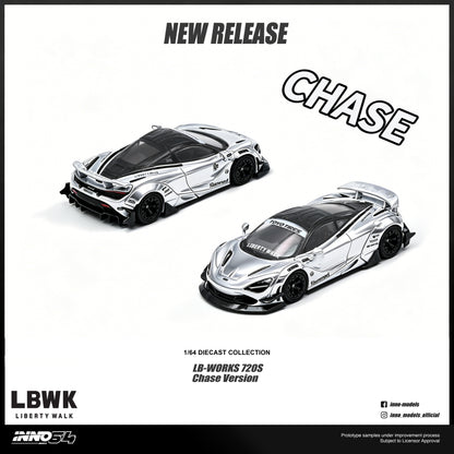 Promotional product graphic for the LBK Liberty Walk 1/64 scale diecast model LB-Works 720S Chase Version. The image features two views of a silver McLaren-style sports car with a black roof and decals, set against a white background with text overlays 'NEW RELEASE', 'CHASE', and product details.