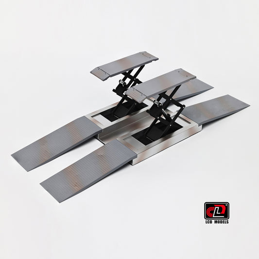 Model of a car lift with open platforms on a white background, featuring the LED Models logo.