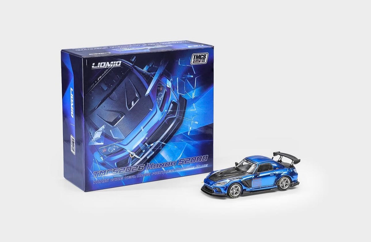 A blue and black diecast model car next to its blue retail packaging box, shown on a clean light gray background. The box features the brand name LIONMIO and the model name TMS-62625 Nagun S2000.