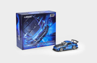 A blue and black diecast model car next to its blue retail packaging box, shown on a clean light gray background. The box features the brand name LIONMIO and the model name TMS-62625 Nagun S2000.