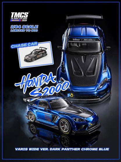 LIOMIO 1:64 Honda S2000 VARIS widebody in Dark Panther Chrome Blue with carbon fiber hood and rear wing, TMCS Malaysia 2026 exclusive