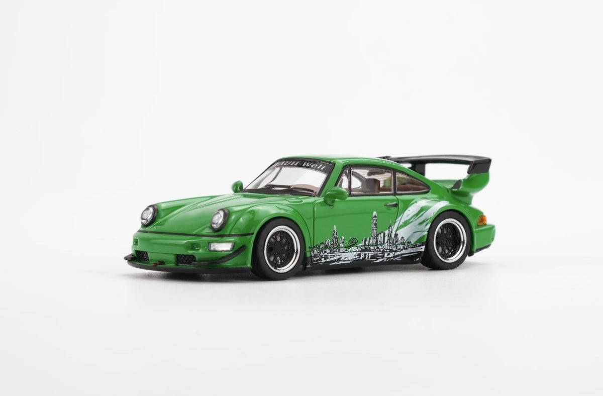 Motorhelix 1:64 RWB Porsche 964 Signal Green Hong Kong Toycar Salon 2026 limited edition diecast model front three-quarter view with Hong Kong skyline livery