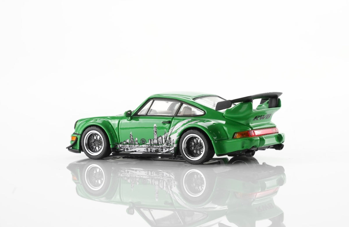 Motorhelix 1:64 RWB Porsche 964 Signal Green Hong Kong Toycar Salon 2026 limited edition diecast model rear three-quarter view with Hong Kong skyline livery