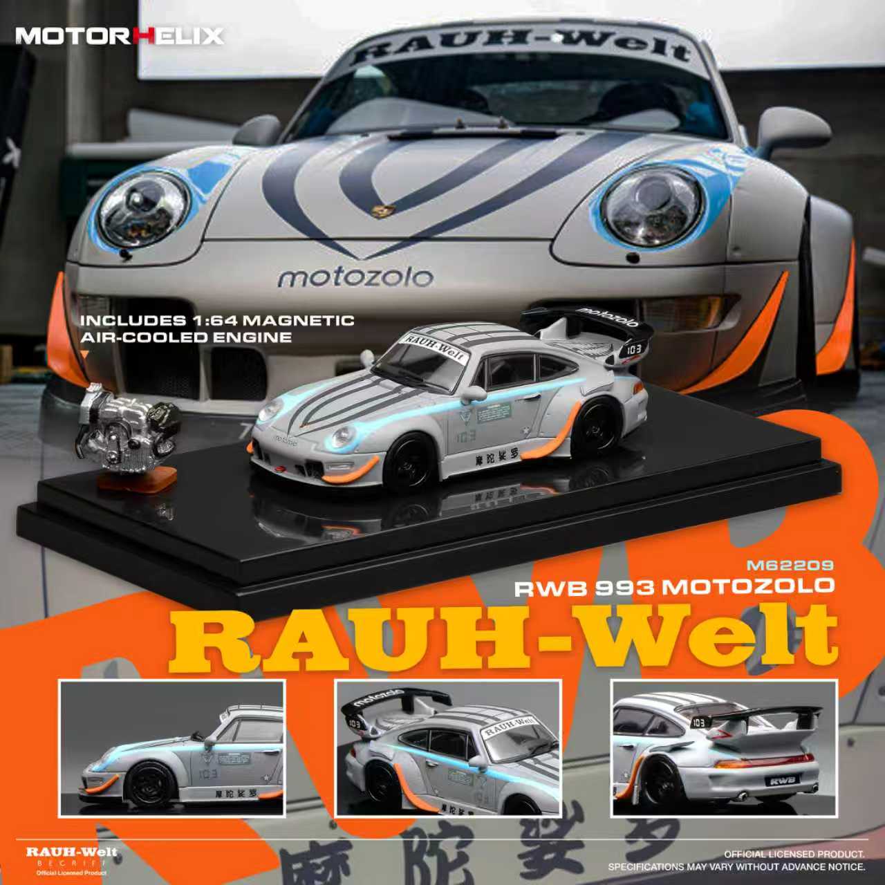 Model car with 'Rauh-Welt' and 'motozolo' branding on a display stand.