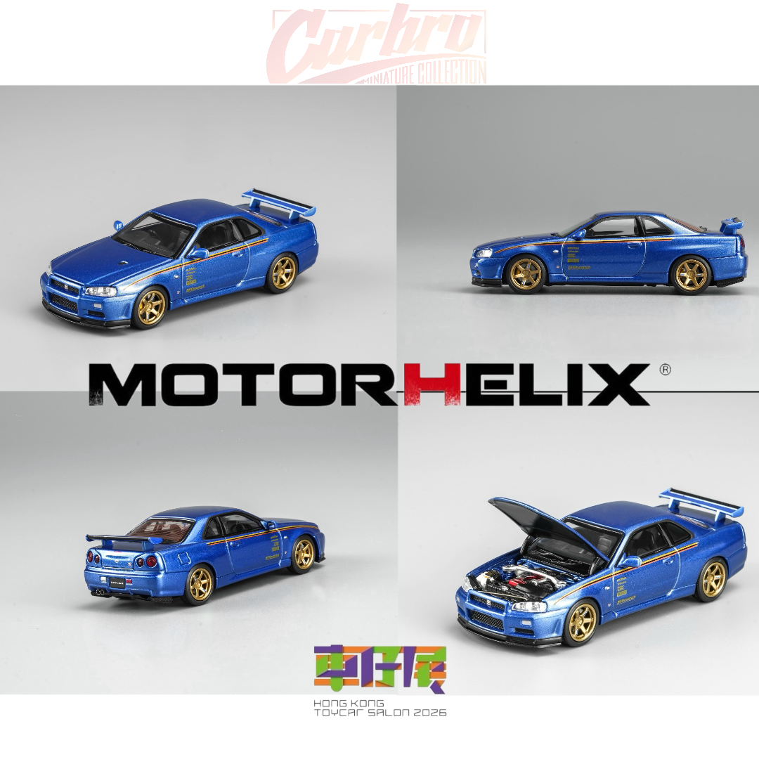 MotorHelix Nissan Skyline GT-R R34 1:64 diecast model in metallic blue, Hong Kong Toycar Salon 2026 exclusive M63453DZ-PT, gold wheels, rear wing and opening hood with detailed engine bay.