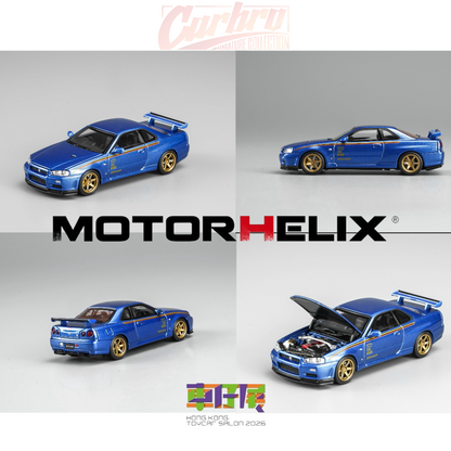 MotorHelix Nissan Skyline GT-R R34 1:64 diecast model in metallic blue, Hong Kong Toycar Salon 2026 exclusive M63453DZ-PT, gold wheels, rear wing and opening hood with detailed engine bay.
