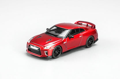 MotorHelix Nissan GT-R R35 1:64 diecast model in metallic red, Hong Kong Toycar Salon 2026 exclusive M63519DZ-PT, front three-quarter view with black wheels and rear spoiler.