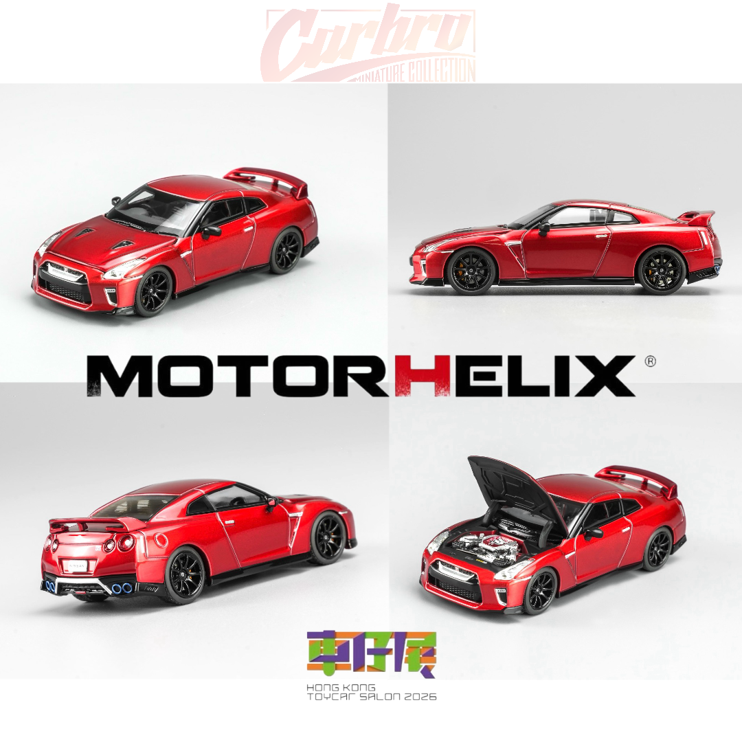 MotorHelix Nissan GT-R R35 1:64 diecast model in metallic red, Hong Kong Toycar Salon 2026 exclusive, M63519DZ-PT, opening hood with detailed engine bay, black wheels and rear spoiler.