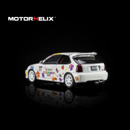 A white diecast model car with colorful retro graphics and text, shown from a three-quarter rear angle on a black reflective background with the MOTOR HELIX logo in the top left.