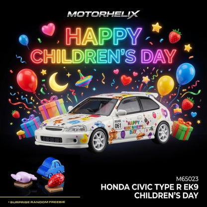 A children's day themed Honda Civic Type R K9 model car by MotorHelix, decorated with colorful cartoon stickers and 'HAPPY CHILDREN'S DAY' text. The car is shown against a black background surrounded by festive neon balloons, gifts, and confetti, with product details and a surprise freebie badge displayed.